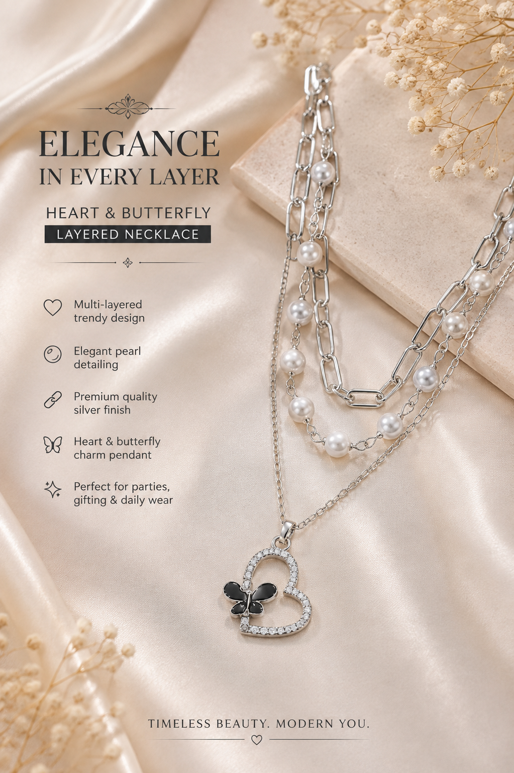 Heart & Butterfly Pearl Layered Necklace