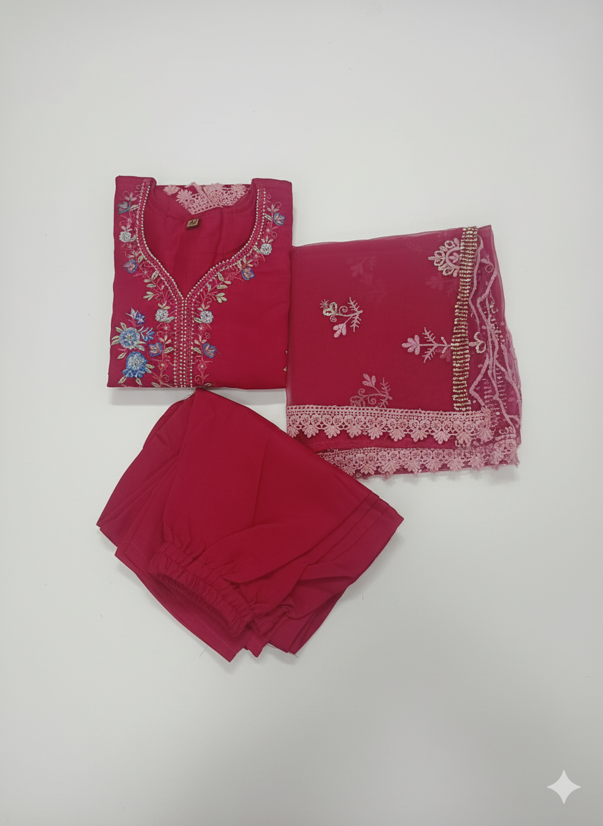 Women’s Magenta Lace Border Kurta Set | 3-Piece Embroidered Suit with Dupatta for Occasions & Festive Lookrta Set for Women - Rivaa Trends