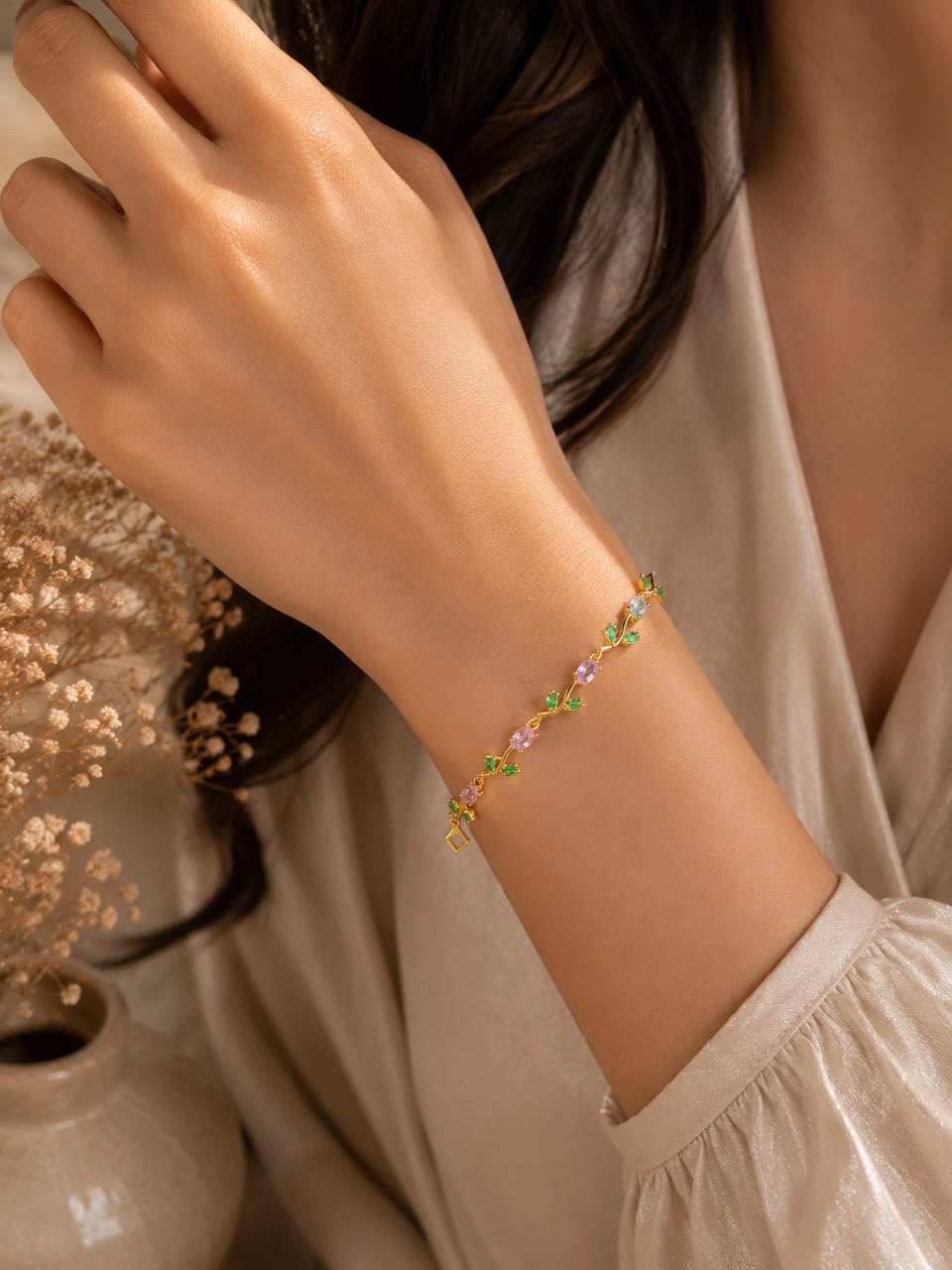 šø Elegant Pink & Green Floral Vine Bracelet