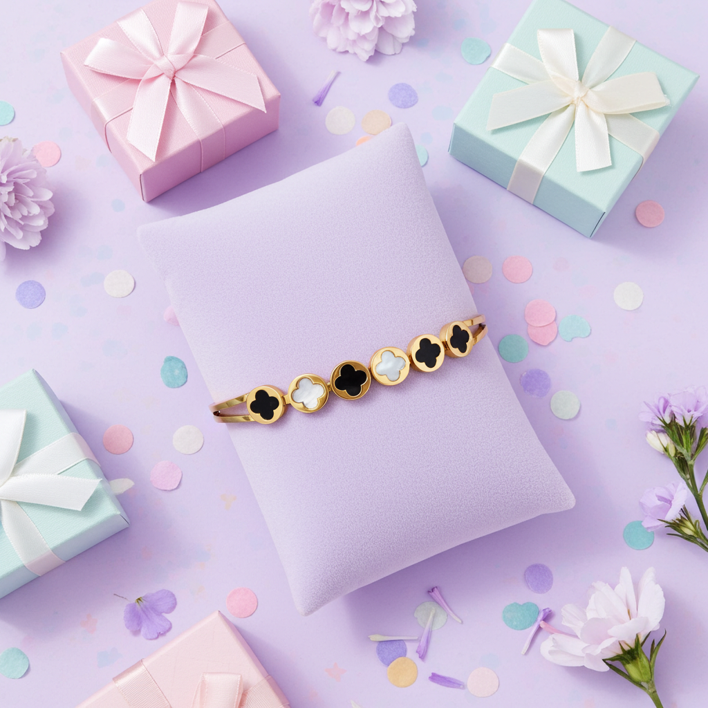 ✨ Clover-inspired motif with black & white enamel - Anti-Tarnish Gold Plated Bracelet / Kada