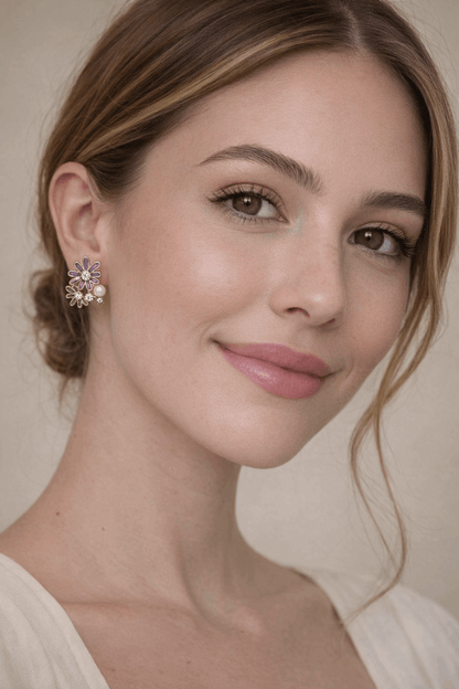 ✨ Elegant Pearl & Crystal Floral Stud Earrings