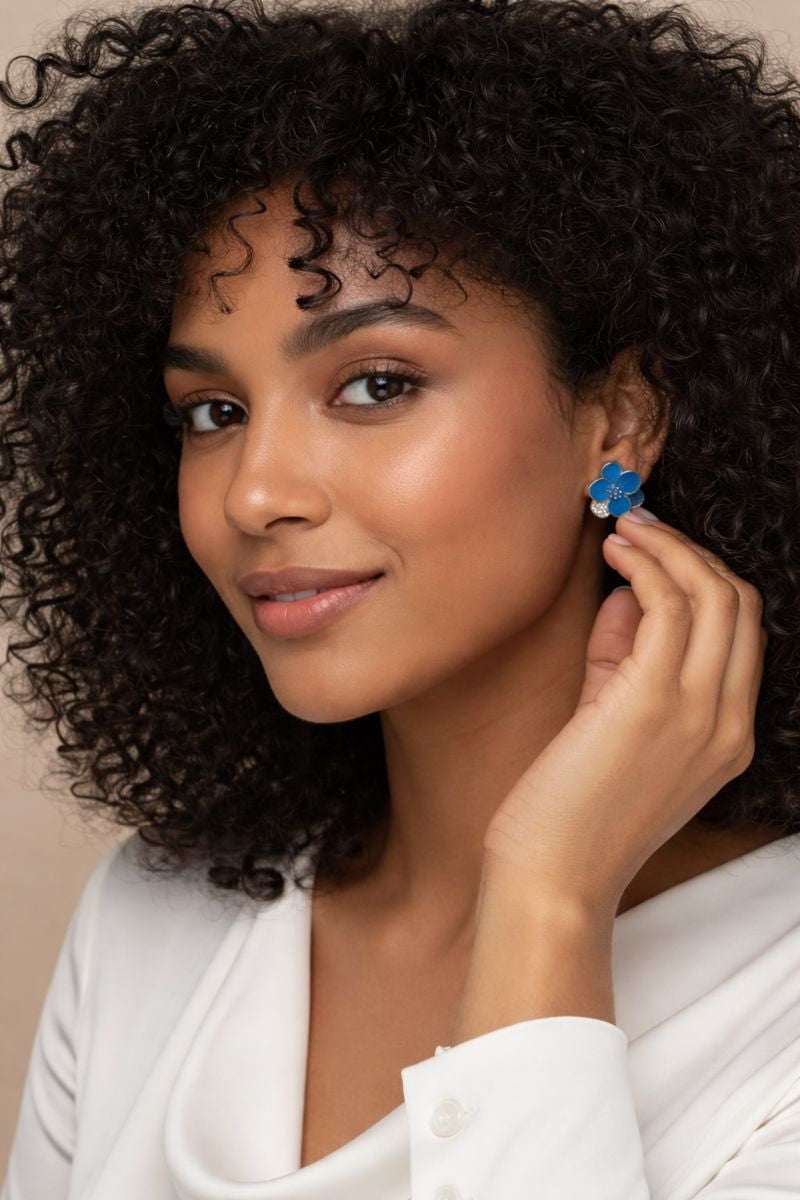 ✨ Elegant Blue Floral With Crystal Stud Earrings