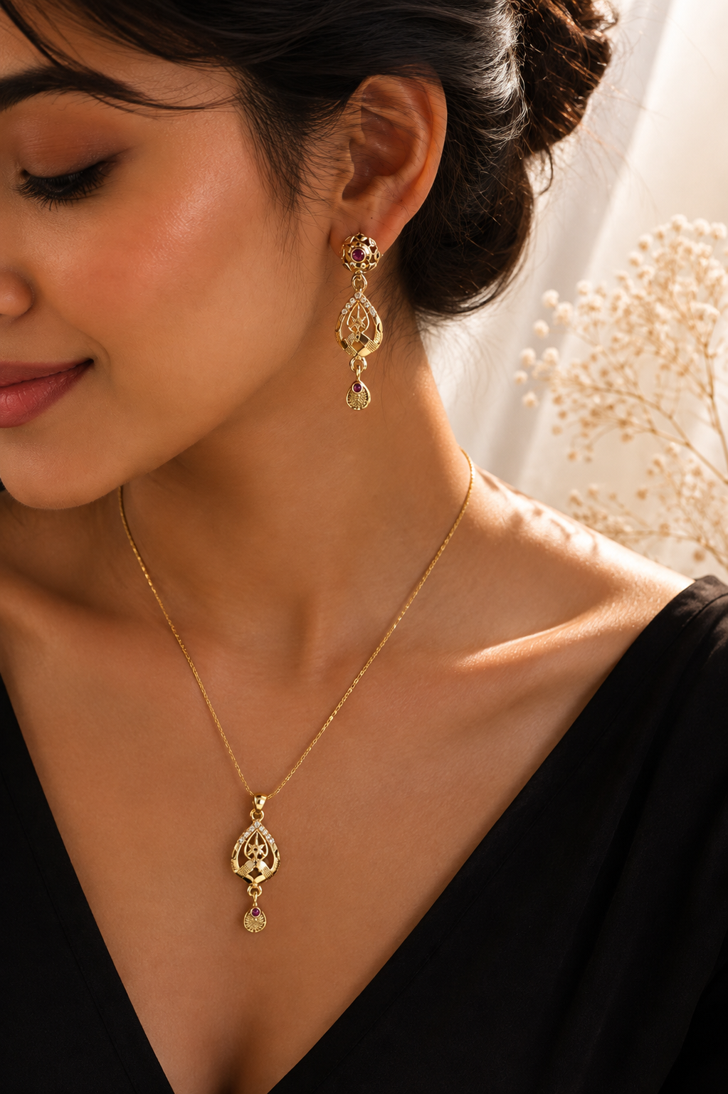 Royal Ruby Teardrop Pendant & Earrings Set