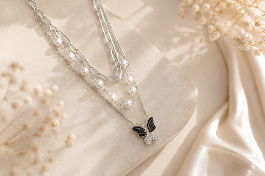 Midnight Butterfly Pearl Layered Necklace