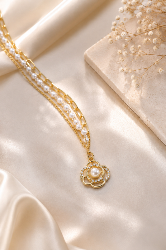 Golden Pearl Bloom Layered Necklace