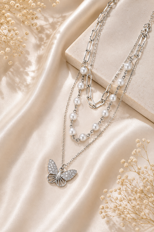 Silver Butterfly Pearl Layered Necklace