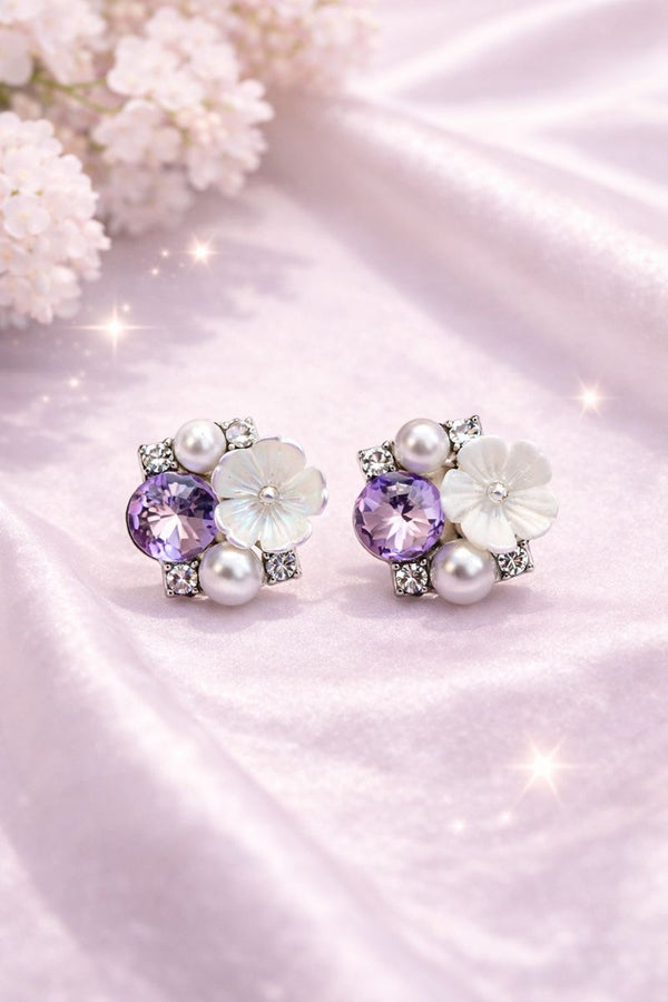 💜 Elegant Floral Pearl & Crystal Cluster Stud Earrings