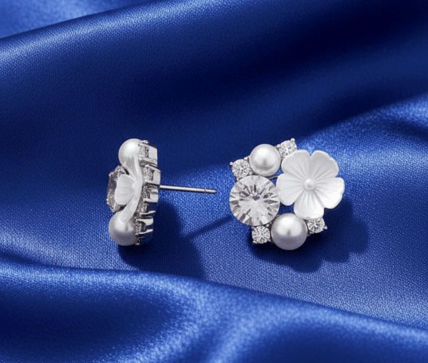 🤍 Crystal Blossom Pearl Stud Earrings 🤍