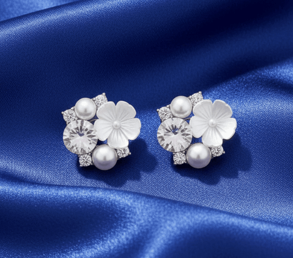 🤍 Crystal Blossom Pearl Stud Earrings 🤍