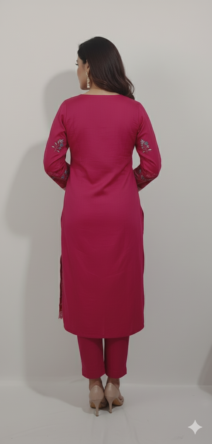 Women’s Magenta Lace Border Kurta Set | 3-Piece Embroidered Suit with Dupatta for Occasions & Festive Lookrta Set for Women - Rivaa Trends