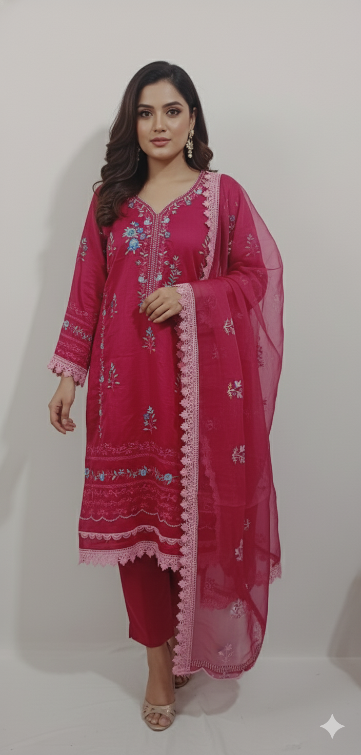 Women’s Magenta Lace Border Kurta Set | 3-Piece Embroidered Suit with Dupatta for Occasions & Festive Lookrta Set for Women - Rivaa Trends