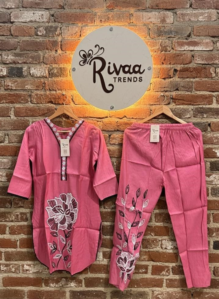 Pink Cotton Floral Embroidered Kurta with Pant Set | Rivaa Trends