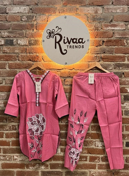 Pink Cotton Floral Embroidered Kurta with Pant Set | Rivaa Trends