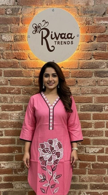 Pink Cotton Floral Embroidered Kurta with Pant Set | Rivaa Trends