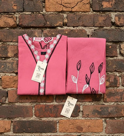 Pink Cotton Floral Embroidered Kurta with Pant Set | Rivaa Trends