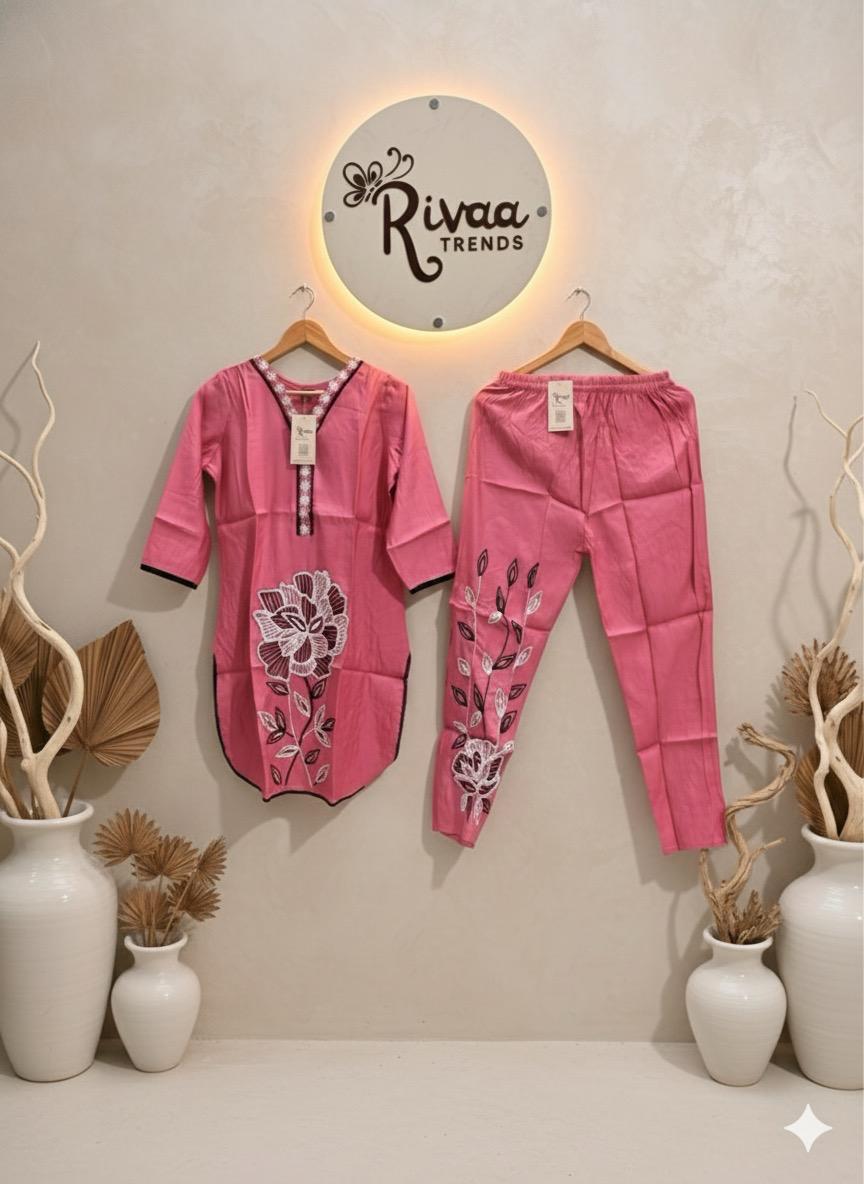 Pink Cotton Floral Embroidered Kurta with Pant Set | Rivaa Trends