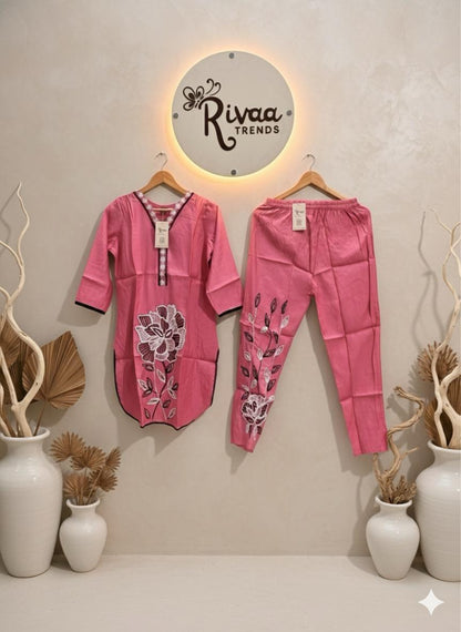 Pink Cotton Floral Embroidered Kurta with Pant Set | Rivaa Trends
