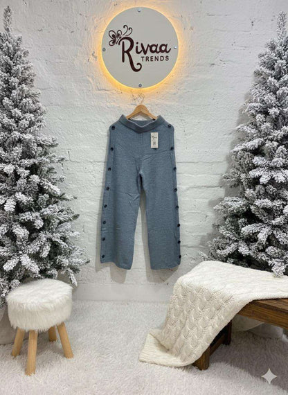 Rib-Knit Wide-Leg Button Trousers