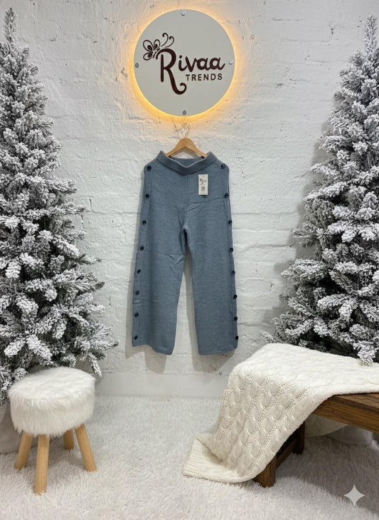 Rib-Knit Wide-Leg Button Trousers