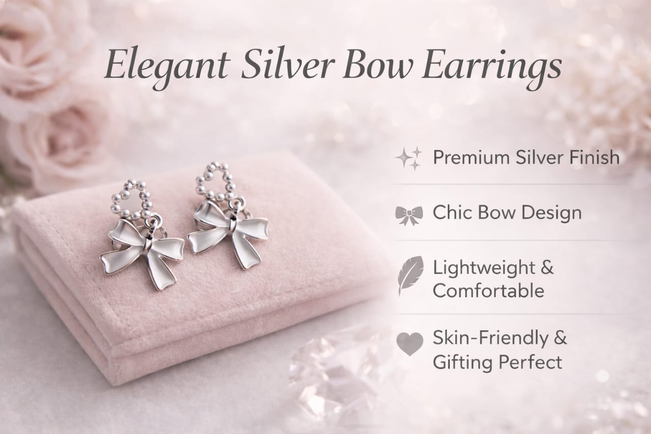 ✨ Elegant Silver Bow Drop Earrings for Women