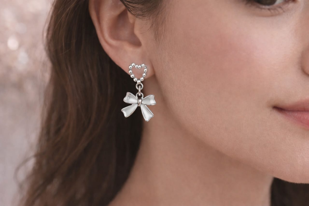 ✨ Elegant Silver Bow Drop Earrings for Women