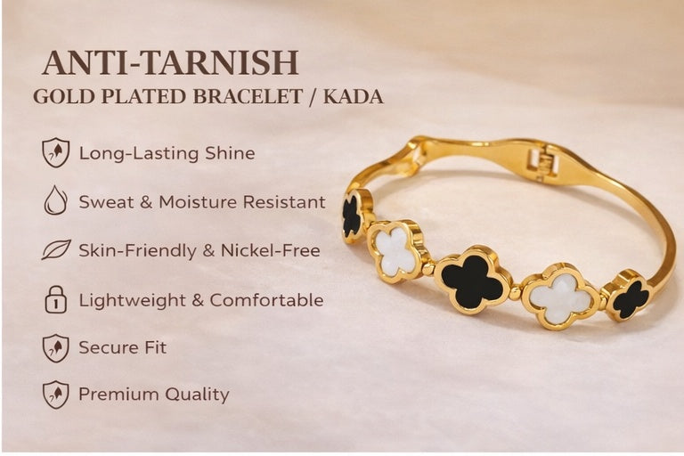 ✨ Clover-inspired motif with black & white enamel - Anti-Tarnish Gold Plated Bracelet / Kada