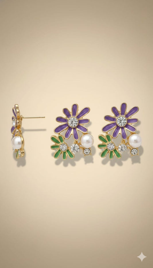 ✨ Elegant Pearl & Crystal Floral Stud Earrings