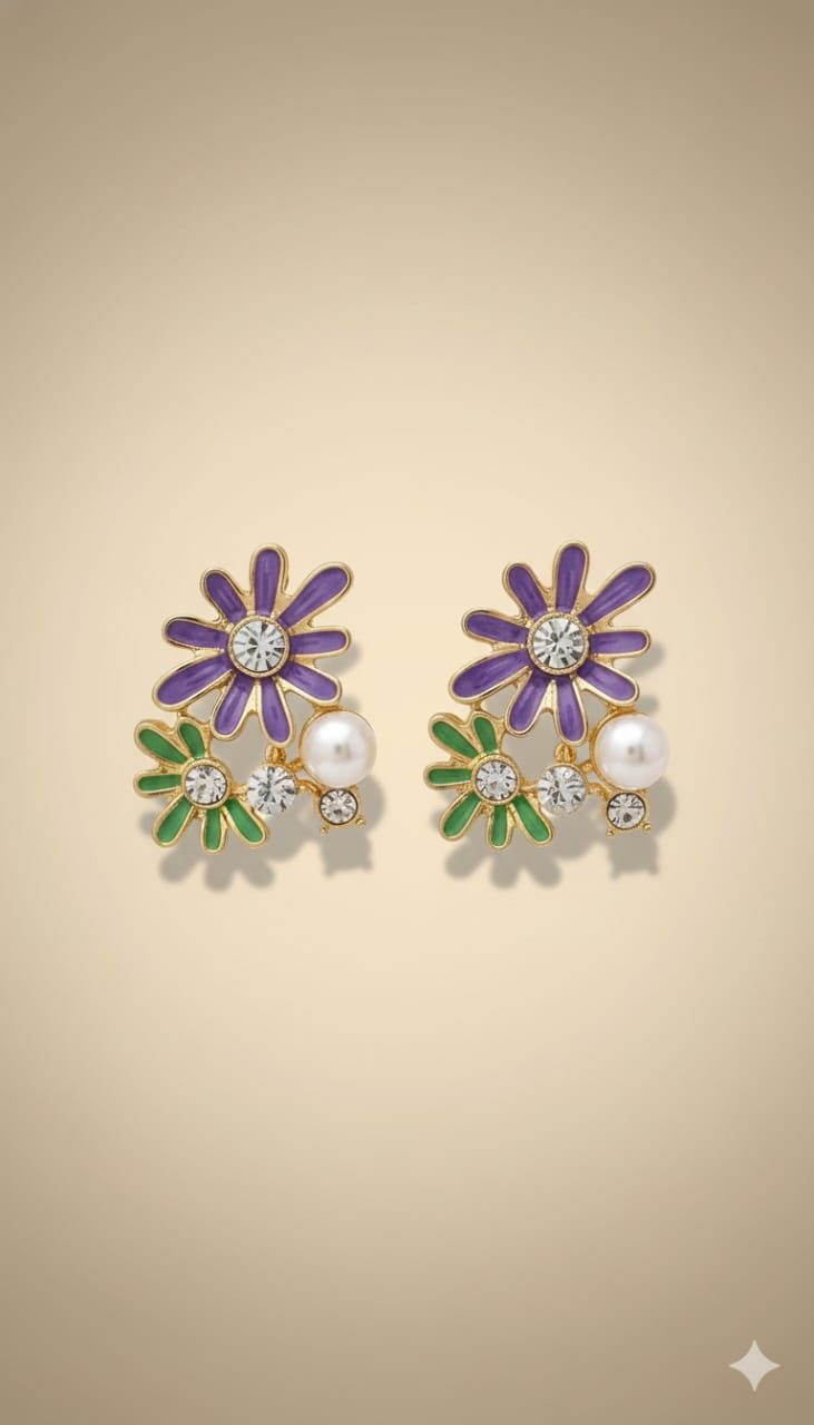 ✨ Elegant Pearl & Crystal Floral Stud Earrings