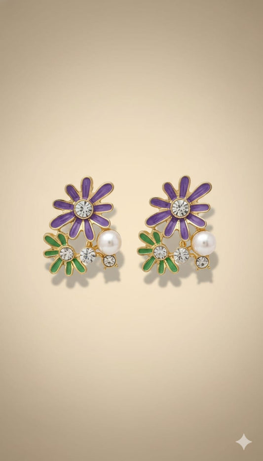 ✨ Elegant Pearl & Crystal Floral Stud Earrings