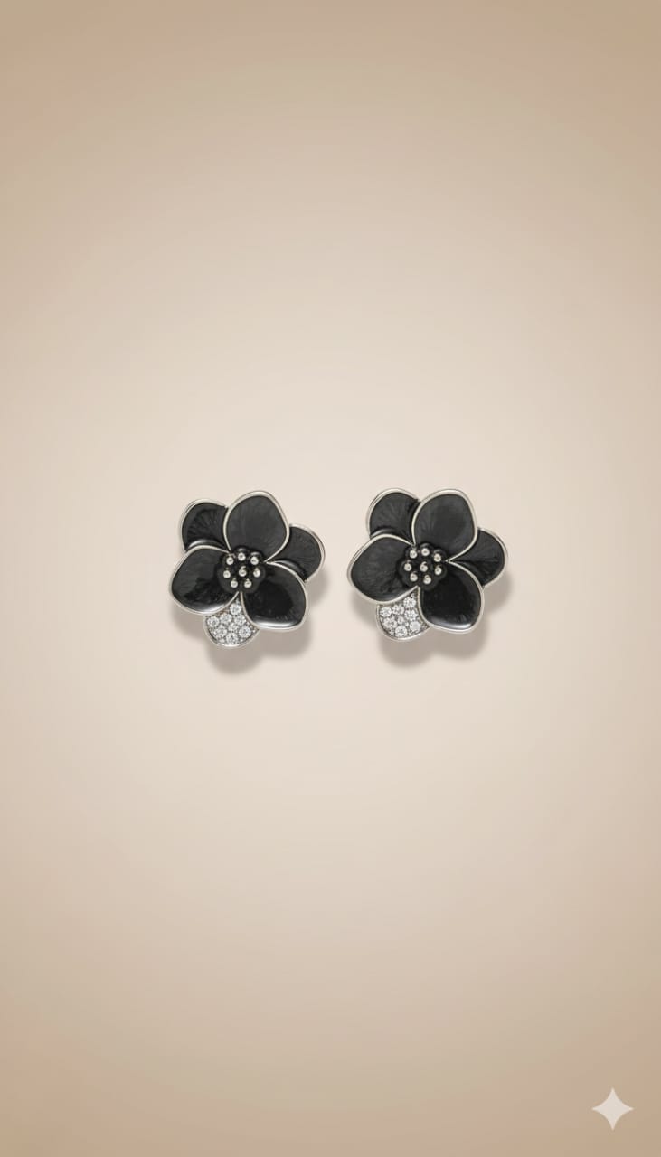 ✨ Elegant Black Floral With Crystal Stud Earrings