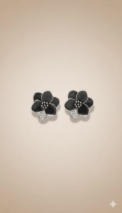 ✨ Elegant Black Floral With Crystal Stud Earrings