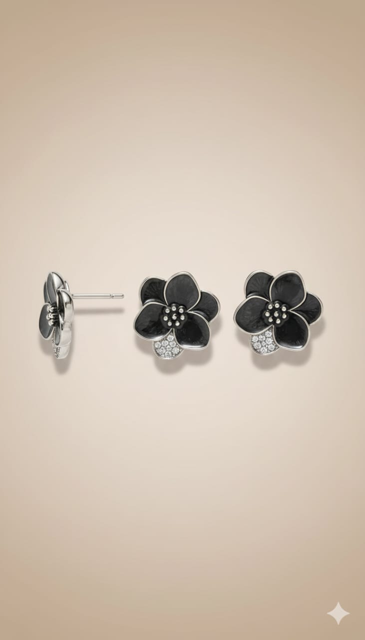 ✨ Elegant Black Floral With Crystal Stud Earrings