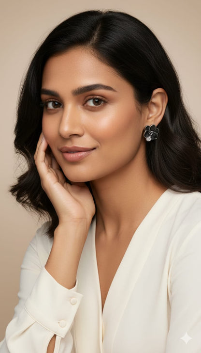 ✨ Elegant Black Floral With Crystal Stud Earrings