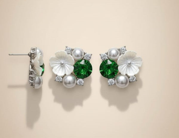 💚 Emerald Bloom Pearl Stud Earrings 💚