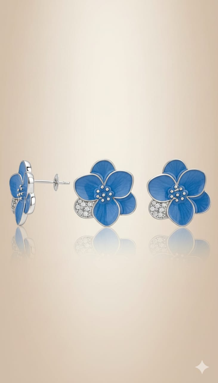 ✨ Elegant Blue Floral With Crystal Stud Earrings