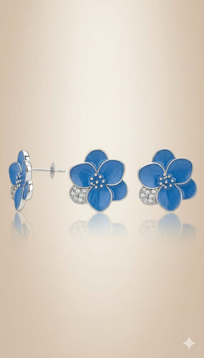 ✨ Elegant Blue Floral With Crystal Stud Earrings