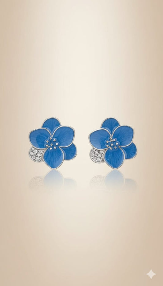 ✨ Elegant Blue Floral With Crystal Stud Earrings