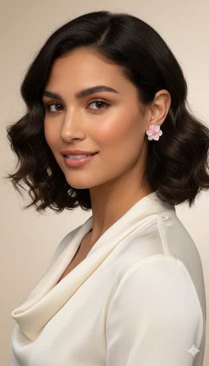 ✨ Elegant Pink Floral With Crystal Stud Earrings
