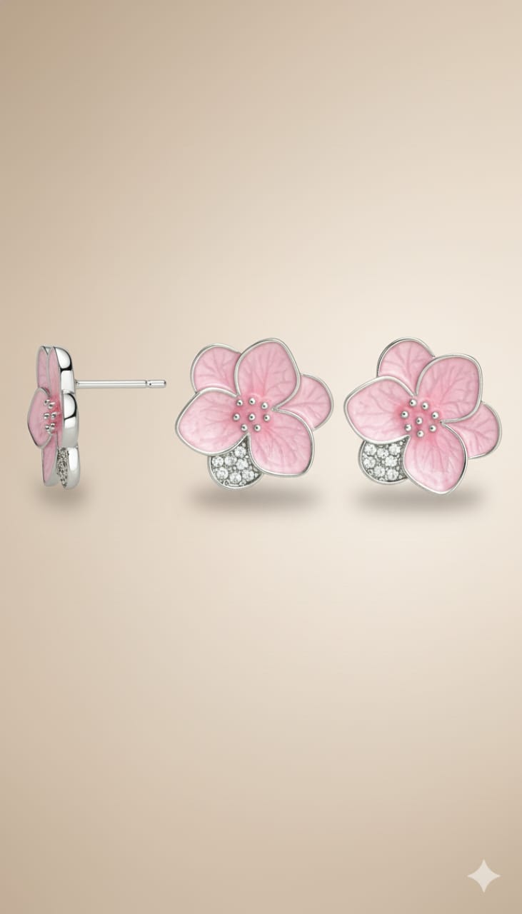 ✨ Elegant Pink Floral With Crystal Stud Earrings