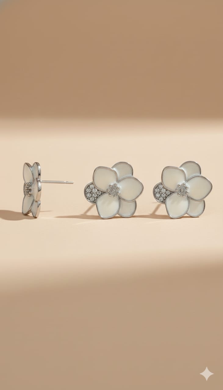 ✨ Elegant White Floral With Crystal Stud Earrings