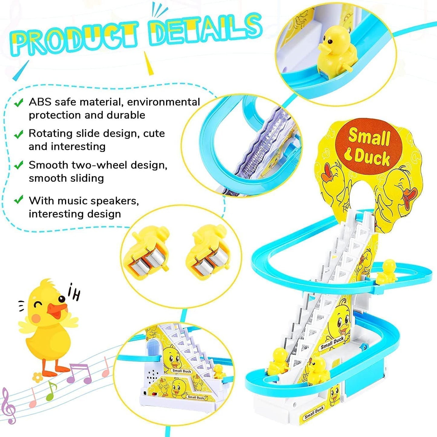Duck Track Toys for Kids - Small Ducks Stair Climbing Toys for Kids, Escalator Toy with Lights and Music - 3 Duck Included - Duck Track Yellow