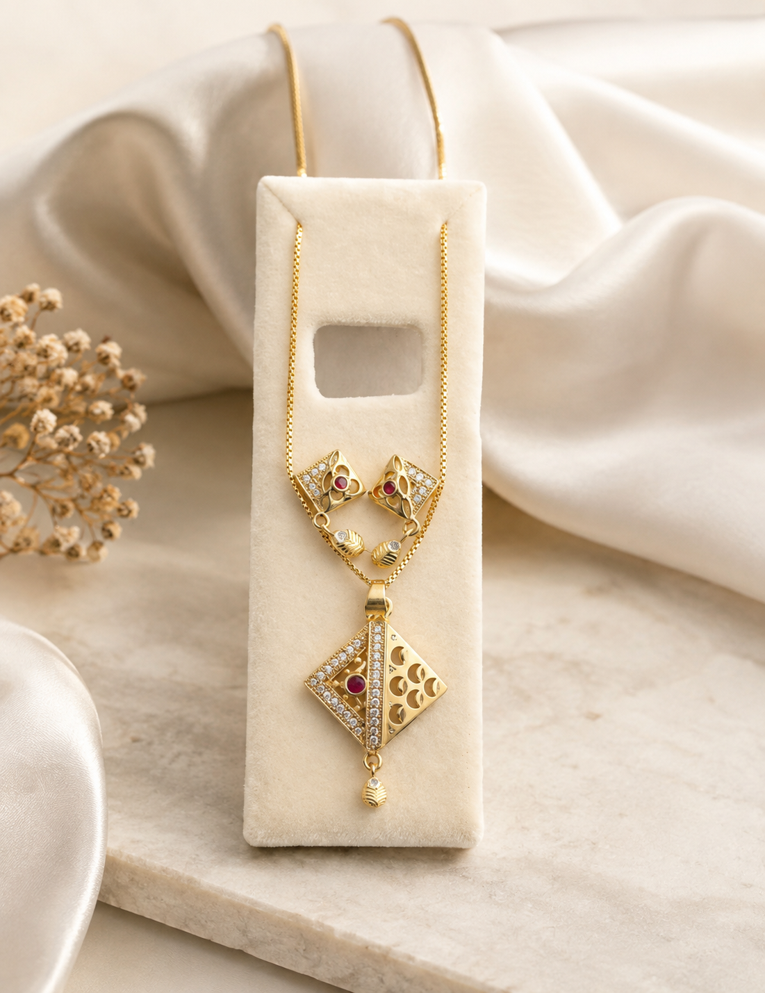 Elegant Gold Geometric Ruby Pendant Necklace