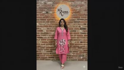 Pink Cotton Floral Embroidered Kurta with Pant Set | Rivaa Trends